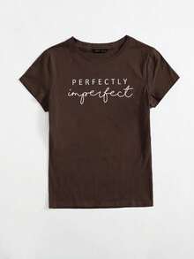 SHEIN LUNE Áo thun tay ngắn họa tiết chữ PERFECTLY Imperfect Graphic Tees dành cho nữ - màu nâu - Xem 3