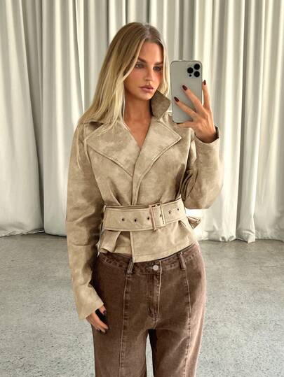 Aloruh Women's Vintage Sexy Short Trench Coat, Brown Washed PU Distressed Finish, Suitable For Going Out, Spring/Autumn Cropped Blazer