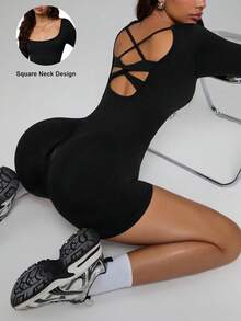 Dewbera 女式纯色交叉后背长袖休闲运动连体裤 - 黑色 - 查看 1