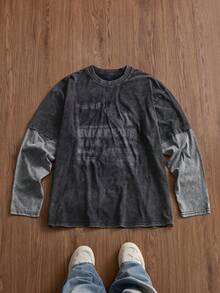 SWAVVY Áo thun nam tay dài size tiêu chuẩn, cổ tròn, in họa tiết chắp vá, màu đen, phù hợp cho mùa xuân và mùa thu - màu đen - Xem 1