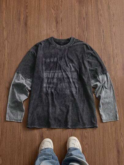 SWAVVY Herren Standard Größe Lässig Langarm T-Shirt, Schwarz mit bedrucktem Patchwork, Rundhalsausschnitt, geeignet für Frühling und Herbst