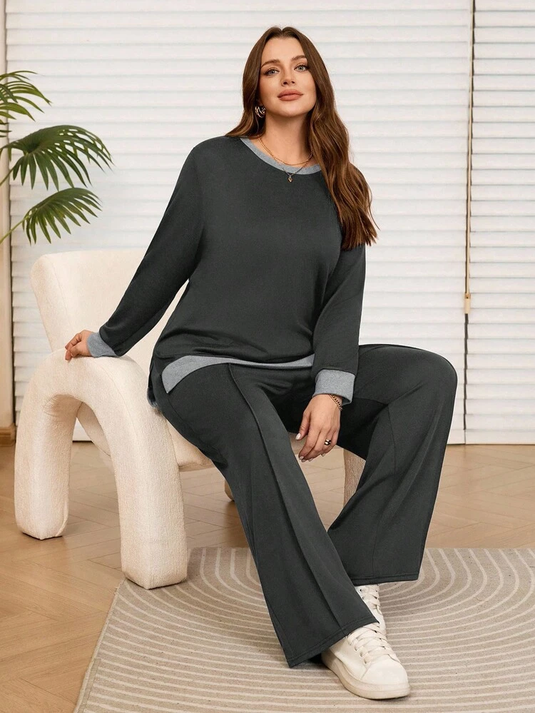 2pcs Plus Size Women Fall Casual Dark Grey Contrast Color Hoodie And Sweatpants Set With Pockets, Autumn/Winter, 2 Pieces Lounge Sets Woman, Women Plus Clothing Sets,Going Out Outfits,2025 New Clothes,Simple And Fashionable For Everyday Wear,Plus Size Winter Clothes, Modest Two Pieces Set, Comfortable Two Pieces Set, Modest Sets For Women, Wide Leg Pants Set,Comfortable And Breathable,Christmas Outfit For Women ,New Year Clothes,Thanksgiving Outfit For Women, Women Lounge Set, Sleep Wear Women