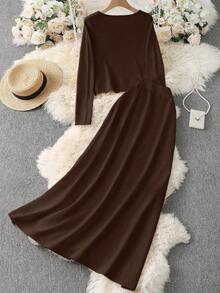 Franclia New Autumn Design Metal Buckle Long Sleeve High Waist Slimming Pleated Patchwork Skirt 2 Pieces Set For Women - Coffee Brown - View 2