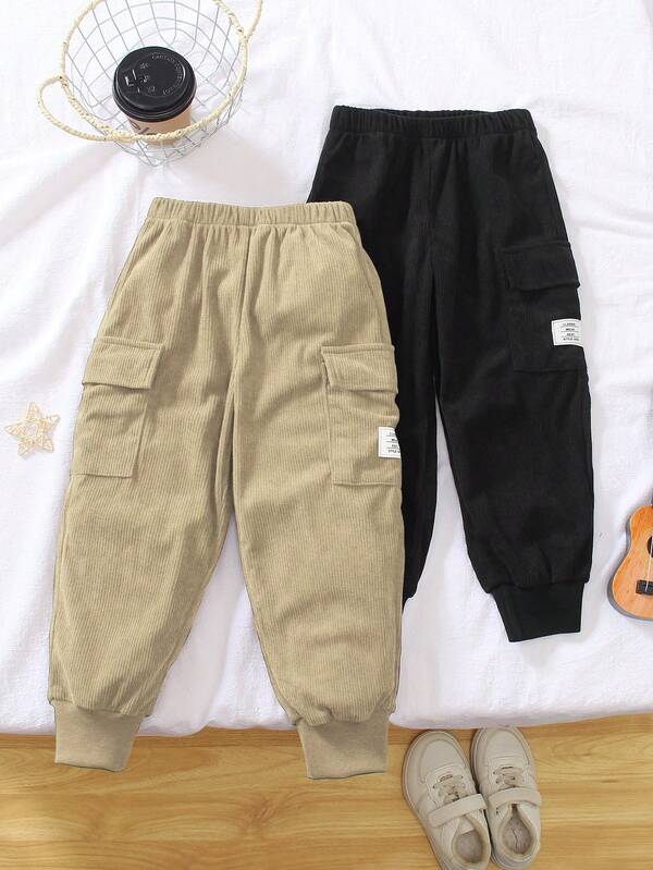 SHEIN Playful Pals 3pcs/Pack Young BoyCasual Khaki & Black Printed Patch Pocket Corduroy Harem Pants, Elastic Waist For Easy Wear, Fashion Versatile Suitable For Party, Outing, Photo Shoot