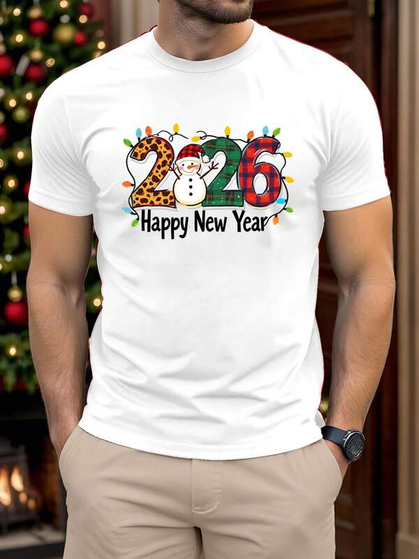 Manfinity Homme 2026 Neujahr Fröhliche Weihnachten süßer Schneemann Grafik-Muster Slim Fit Kurzarm T-Shirt, gemütliche Familien-Atmosphäre passende Outfits für Eltern und Kinder