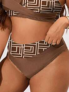 Swim Lushoire Plus Size One-Piece Solid Color & Random Geometric Print High Waist Patchwork Sexy Elegant Beach Vacation Women Bikini Bottom - Coffee Brown - View 5