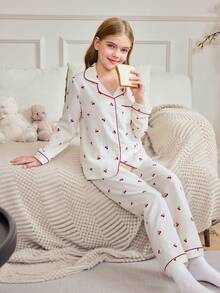 SHEIN Girls' Cherry Print Bubble Crinkle Button-Up Shirt Set - Apricot - View 5