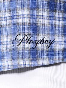 PLAYBOY X SUMWON 男士常规版型纽扣衬衫，格子图案，背面印有兔子标志，长袖翻领休闲装 - 藍色 - 查看 5
