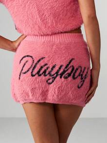 Missguided x Playboy Fuzzy Knit Mini Skirt With Script Embroidery High Waisted Fall Winter Cozy Textured Skirt - Hot Pink - View 1