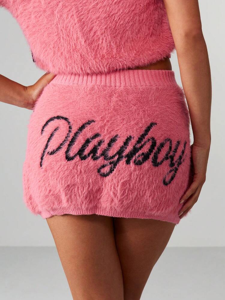 Missguided x Playboy Fuzzy Knit Mini Skirt With Script Embroidery High Waisted Fall Winter Cozy Textured Skirt