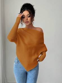 Elenzga Suéter de punto casual y elegante con cuello redondo y mangas de murciélago asimétricas para mujer, versátil para vacaciones y días festivos, primavera/otoño/invierno - Amarillo - Ver 5
