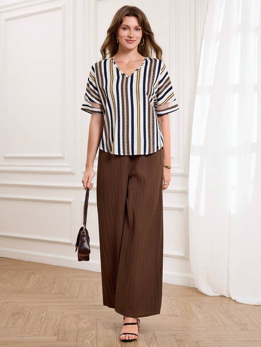 Miaspire 2pcs Women Casual Striped V-Neck Top & Pants Set