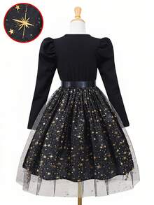 女童复古优雅连衣裙，珍珠领，泡泡袖，蝴蝶结腰带，星光网纱裙摆，适合派对、宴会和节日穿着。 - 黑色 - 查看 2