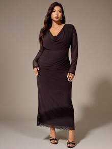 Auralis New Fashionable Elastic Mesh Sheer Bodycon Plunging Neck Cinched Waist Maxi Dress, Sexy Deep Draped Neck Long Sleeve Elegant Gown For Party, Wedding, Plus Size Cowl Neck Dress Ruched Dresses For Women Elegant Midi Dress Long Sleeve Elegant Dress/Concert/Performance Costumes/Date/High-End Banquet/Dance/Wedding Season/Valentine's Day/Party/Sexy/Commuting/Elegant And Romantic/Office Beauty/Siren Style/Birthday Party Outfits Brown - Brown - View 6