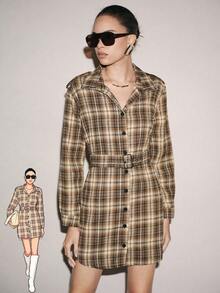 SHEIN Unity Vestido camisa de cintura ceñida a cuadros vintage, vestido de manga larga con solapa y abotonadura sencilla, vestido elegante de ajuste ceñido versátil para el trabajo y el otoño/invierno - Caqui - Ver 1