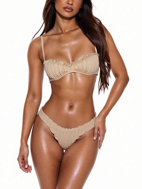 SHEIN X SAMADHI Swim Basics Conjunto de traje de baño de bikini sólido con textura de verano y ribete de volantes para mujeres