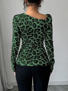 Islaluna Elegant Tight-Fitting Oblique Shoulder Neck Long Sleeve Pleated Shoulder Waist Ruched Brushed Leopard Print Multicolor Women T-Shirt - Multicolor - View 2