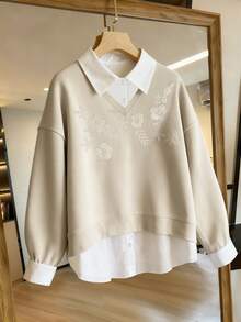 Franclia 女士花卉刺绣拼接落肩长袖休闲卫衣 刺绣卫衣 女式卫衣 可爱卫衣 日式风格服装 田园风服装 女式卫衣 - 彩色 - 查看 1