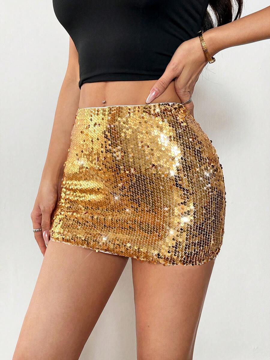 SHEIN PETITE 金色亮片緊身性感時尚迷你裙，適合小碼女性，新年派對穿搭 - 金色 - 查看 1