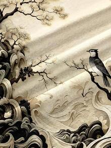 Manfinity Dauomo 男士东方艺术美学仿纹理休闲图案圆领舒适T恤，适合日常穿着 - 杏色 - 查看 3