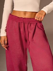 Avantive 秋冬新款休闲保暖宽松高腰弹力腰带阔腿运动裤 - 酒紅色 - 查看 3
