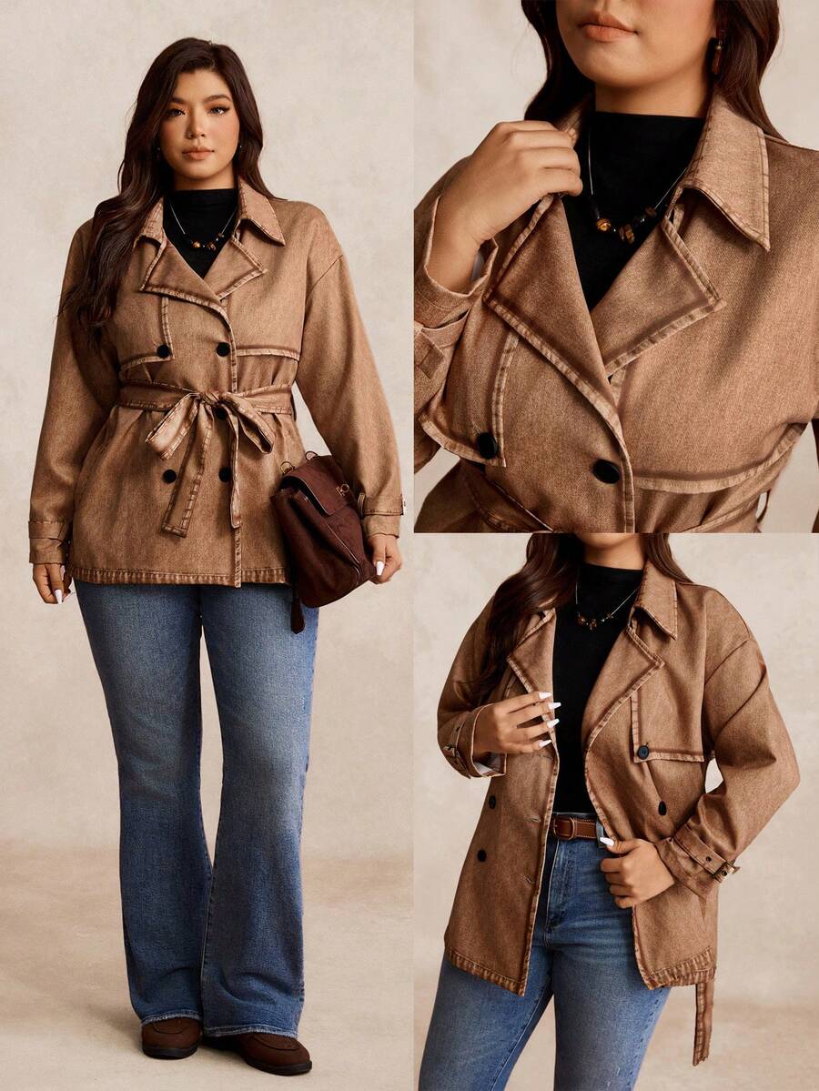 EMERY ROSE Plus Size Women Vintage Lapel Double-Breasted Cinched Waist Trench Coat, Brown Denim Effect Mid-Length Trench Coats Jacket For Autumn, Casual Office Street Style - Mocha Brown - View 1