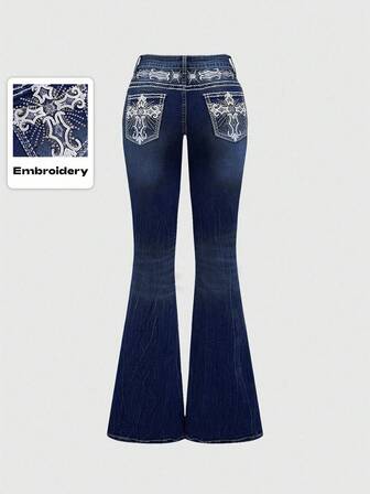 Grunge Punk Y2K Retro Bauchfreie Jeans mit Tasche, Kreuz-Flügel-Stickerei und figurbetontem Schlagjeans-Bein für Frauen