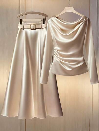 Franclia 2pcs/Set Women's Casual Cowl Neck Fitted Long Sleeve Belted Outfit