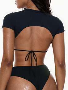 Swim Basics Summer Beach Solid Bikini Top - Black - View 1