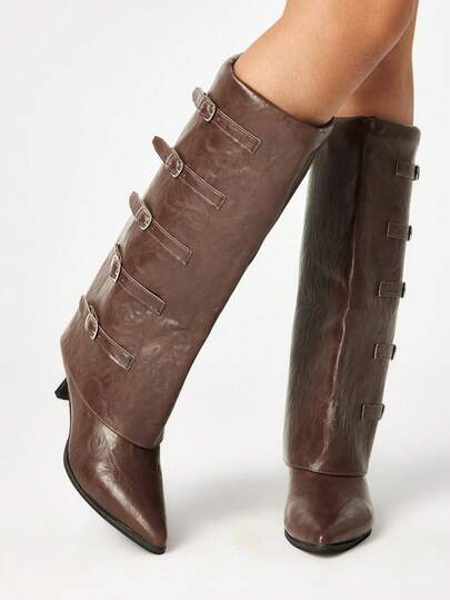 Sugerpunk Botas con puntera afilada, tacón fino, para mujer, botas de montar sexy de otoño, color negro