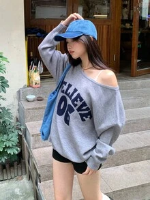 DAZY 女士韩版字母艺术长袖毛衣，秋冬 - 灰色 - 查看 8