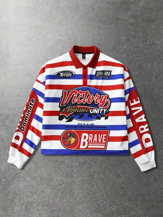 Street Life Camicia polo casual da uomo a maniche lunghe con stampa a righe e lettera