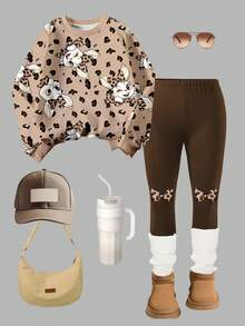 Sparklyn 2 件套可爱兔子和豹纹上衣，幼儿女童圆领运动衫和紧身裤套装，时尚休闲，适合秋冬 - 彩色 - 查看 3