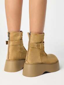 ROMWE Fairycore 女士踝靴，厚底圆头绒面革踝靴 - 棕色 - 查看 5