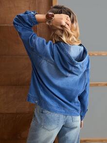 EMERY ROSE Women's Drop Shoulder Long Sleeve Drawstring Hooded Denim Jacket With Pockets, Casual - Blue - View 3