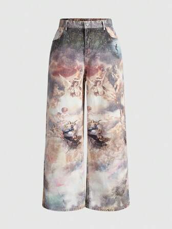 Grunge Punk Plus Size Retro Oil Painting Print Wide Leg Jeans