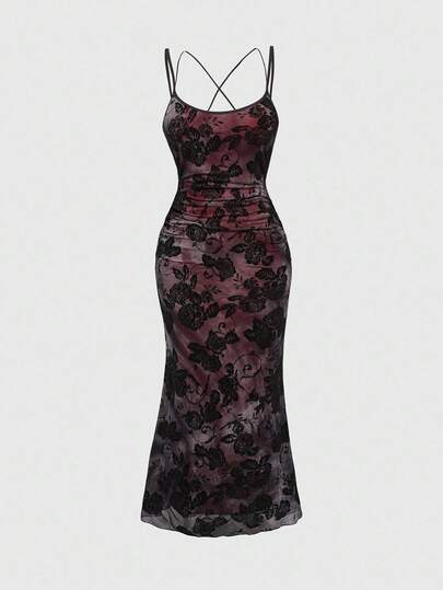 Goth فستان ميرميد مناسب للمقاسات الكبيرة، مزخرف بنقشة زهرية رجعية، بتصميم ظهر مفتوح وخصر مطابق