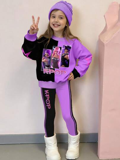 SHEIN Explorewe 2pcs/Set KPOP Graphic Print Top, Tween Girl Crew Neck Sweatshirt And Leggings Set, Fashionable Casual Outfit For Autumn/Winter