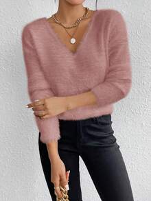 SHEIN LUNE White V-Neck Casual Soft Knit Sweater, Long Sleeve Pullover Top, Autumn/Winter - Dusty Pink - View 5