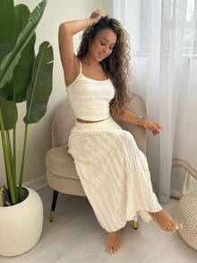 RebeccaVibe 女士杏色优雅荷叶边吊带背心和裙子 2 件套，女士度假装，女士夏季装，女士西装，乡村装，度假两件套 - 杏色 - 查看 5