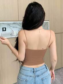 女士无缝吊带背心，带衬垫胸部，适合所有季节 - 棕色 - 查看 2