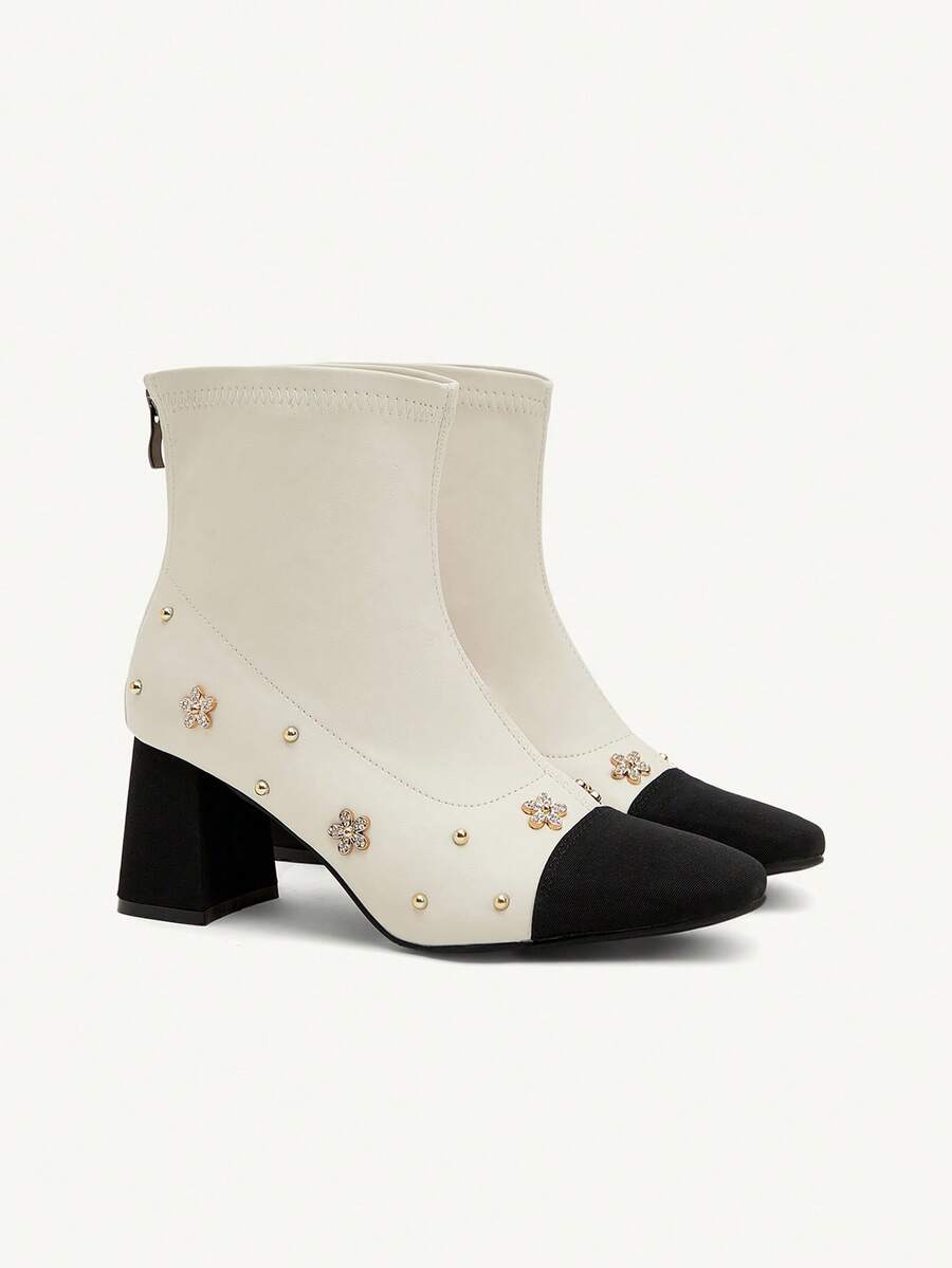 CUCCOO CHICEST Autumn/Winter New Beige Chunky Heel Elastic Elegant Comfortable Non-Slip Versatile Women Ankle Boots For Christmas - Beige - View 1