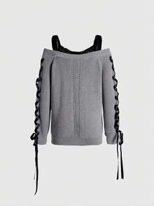 ROMWE Pulover pentru femei cu umeri goi, dantelă contrastantă, panglică laterală și șnur - Gri - Vizualizare 2