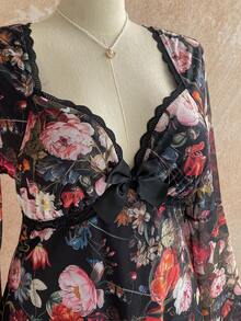 Soleia Váy ngắn tay cánh bướm họa tiết hoa ren viền cỡ lớn dành cho nữ, thích hợp cho kỳ nghỉ, mùa thu/đông - Nhiều màu - Xem 5