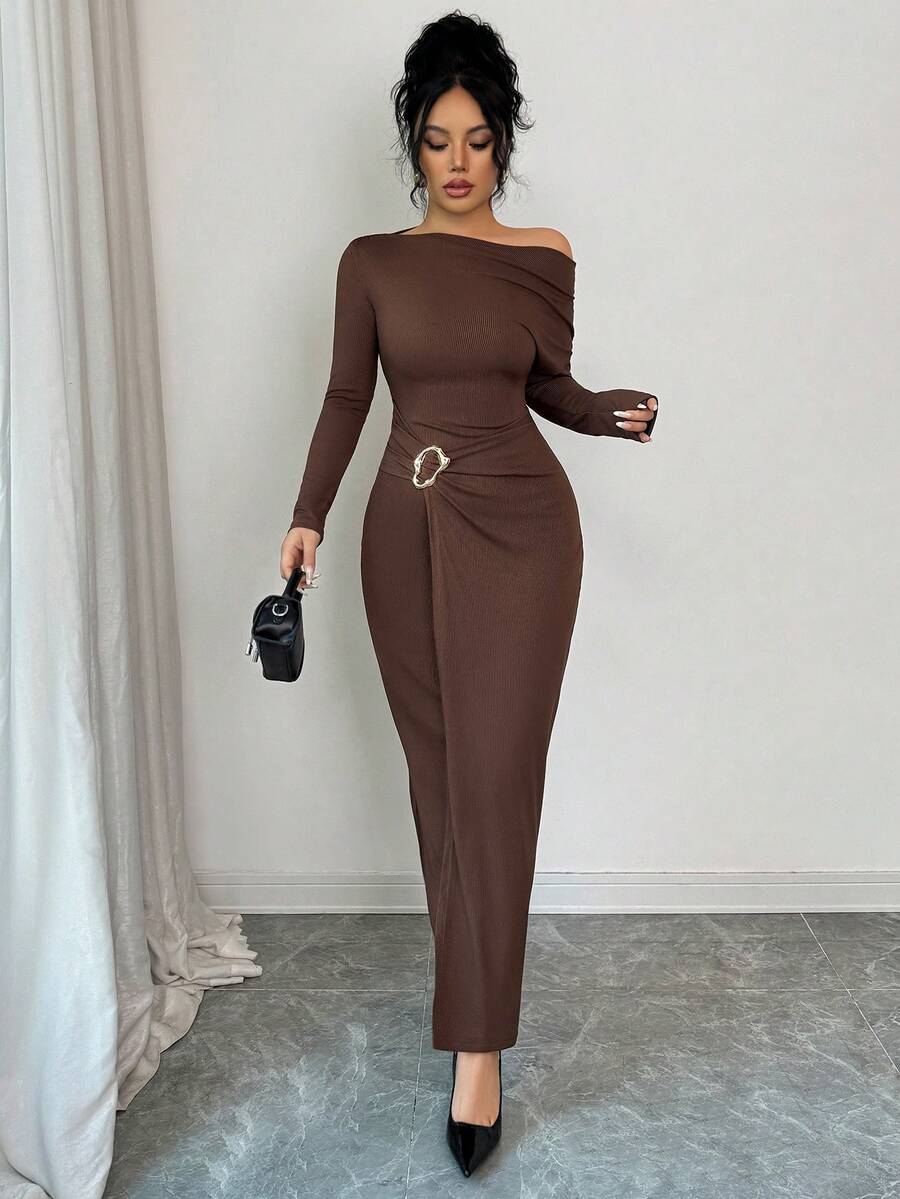 SHEIN Elenzya Rochie elegantă pentru femei, cu guler oblic, mânecă lungă, mulată, cu strângere în talie și nasturi metalici, toamnă/iarnă - imagine 4