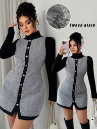 Elenzga Vestido de lana con cuello redondo, sin mangas, con parches de pata de gallo, elegante para mujer, adecuado para uso casual, oficina y uso diario, otoño/invierno