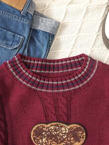 SHEIN Áo len dệt kim cổ tròn rộng rãi cho bé gái tuổi teen, họa tiết gấu dễ thương và họa tiết dệt kim cáp - Màu Đỏ Sâu - Xem 5