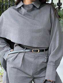 NegzBox 秋季勃艮第红葡萄酒适度老钱风骚闪光假日派对服装狂欢节郊游假期波西米亚风户外丰富层次婚礼季节宴会成人仪式 2 件女式高腰收腰中长西装外套，带斗篷袖灰色两件套现代女装单色服装两件套裤子女士灰色套装 - 灰色 - 查看 4