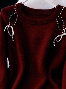 Franclia Women's French Beaded Hollow Out Drop Shoulder Sweater - Burgundy - View 7