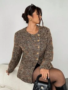 Firerie Oshea 棕色小香风夹克女2025新款春秋收腰修身金扣帅气羊毛外套系列 Oshea 棕色小香风夹克女2025新款春秋收腰修身金属扣帅气羊毛外套 粗花呢夹克女 女士粗花呢夹克 粗花呢西装外套女 棕色西装外套 棕色粗花呢夹克